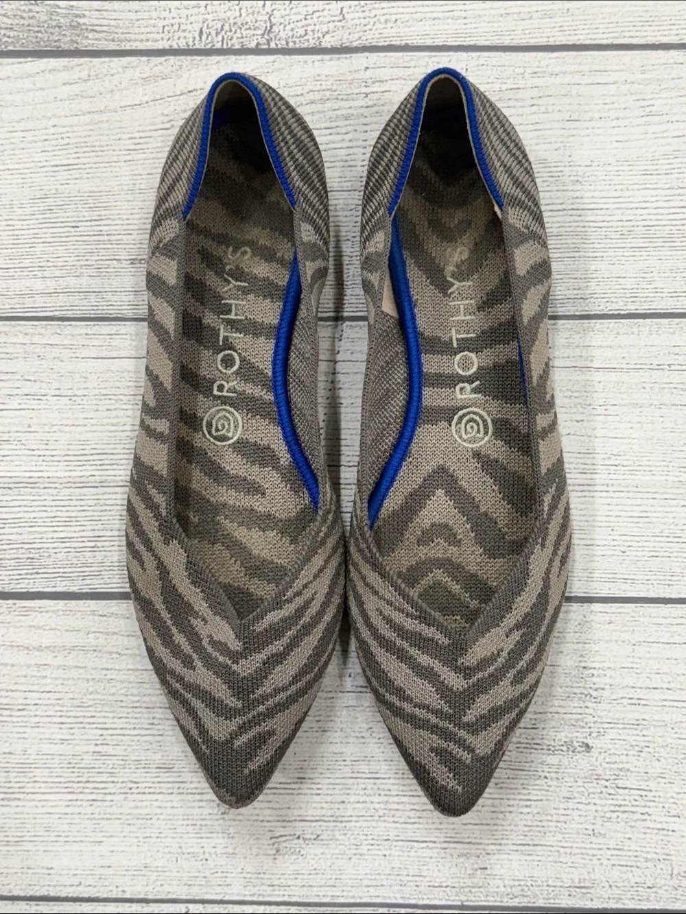 Rothy's Grey Zebra Pointed Knit Flat with Blue Trim